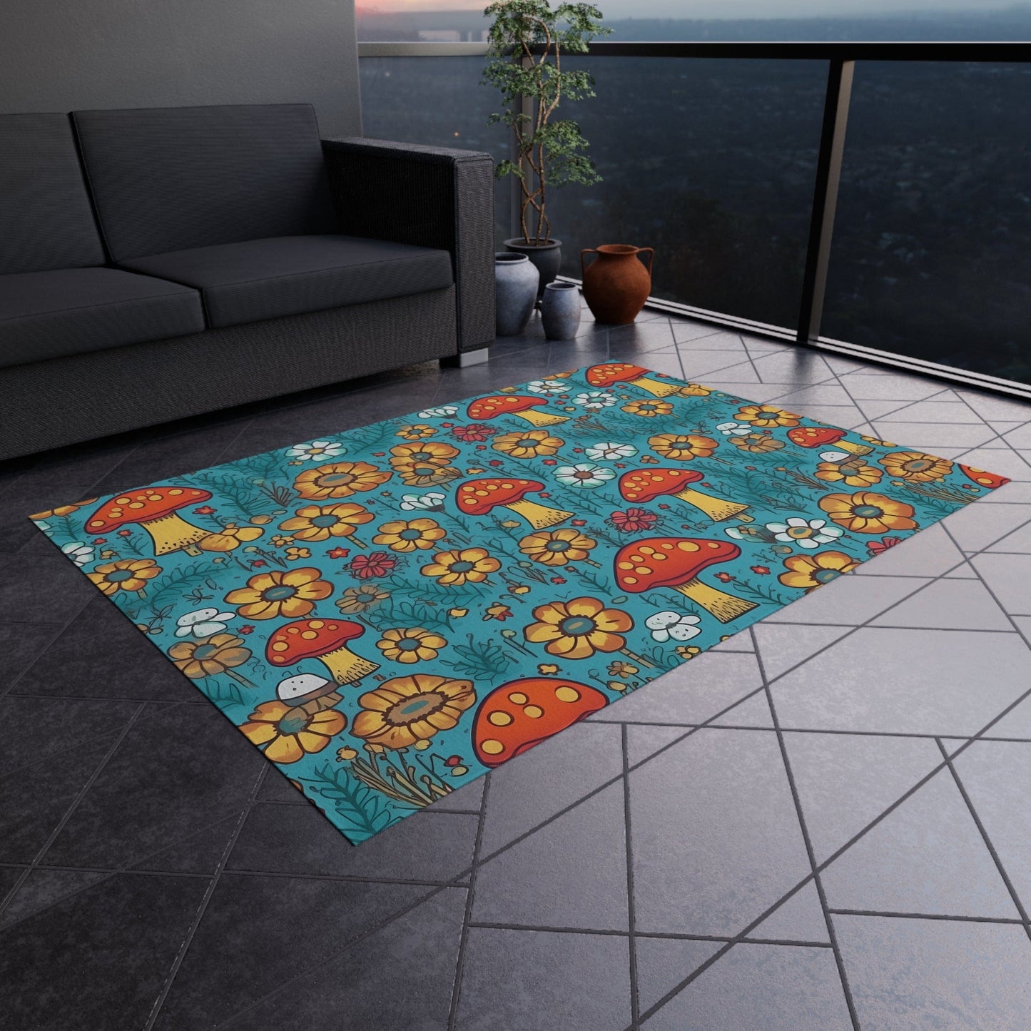 Colorful Mushroom Flower Rug