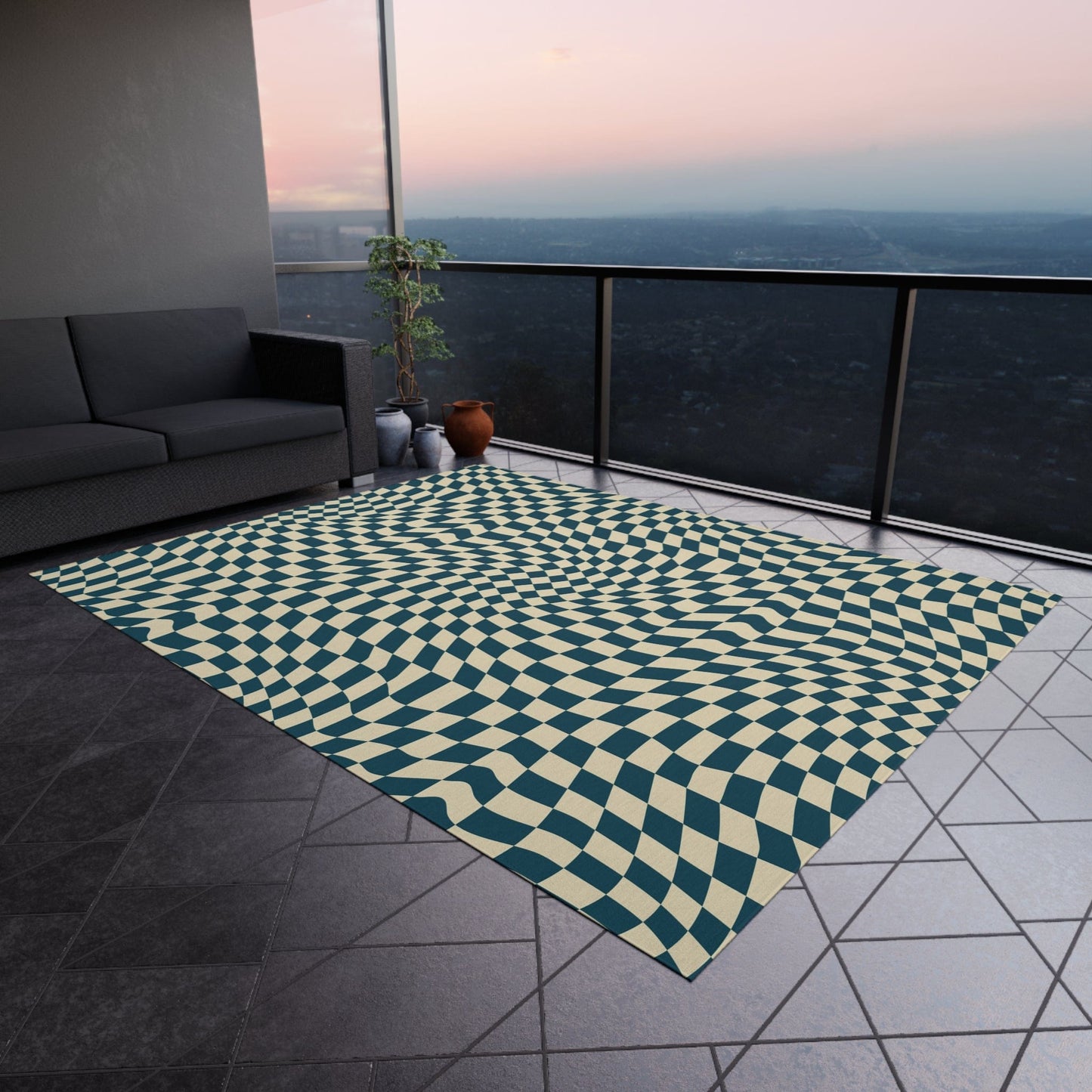 Wavy Blue Checkered Rug