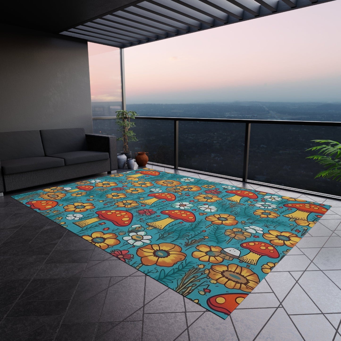 Colorful Mushroom Flower Rug