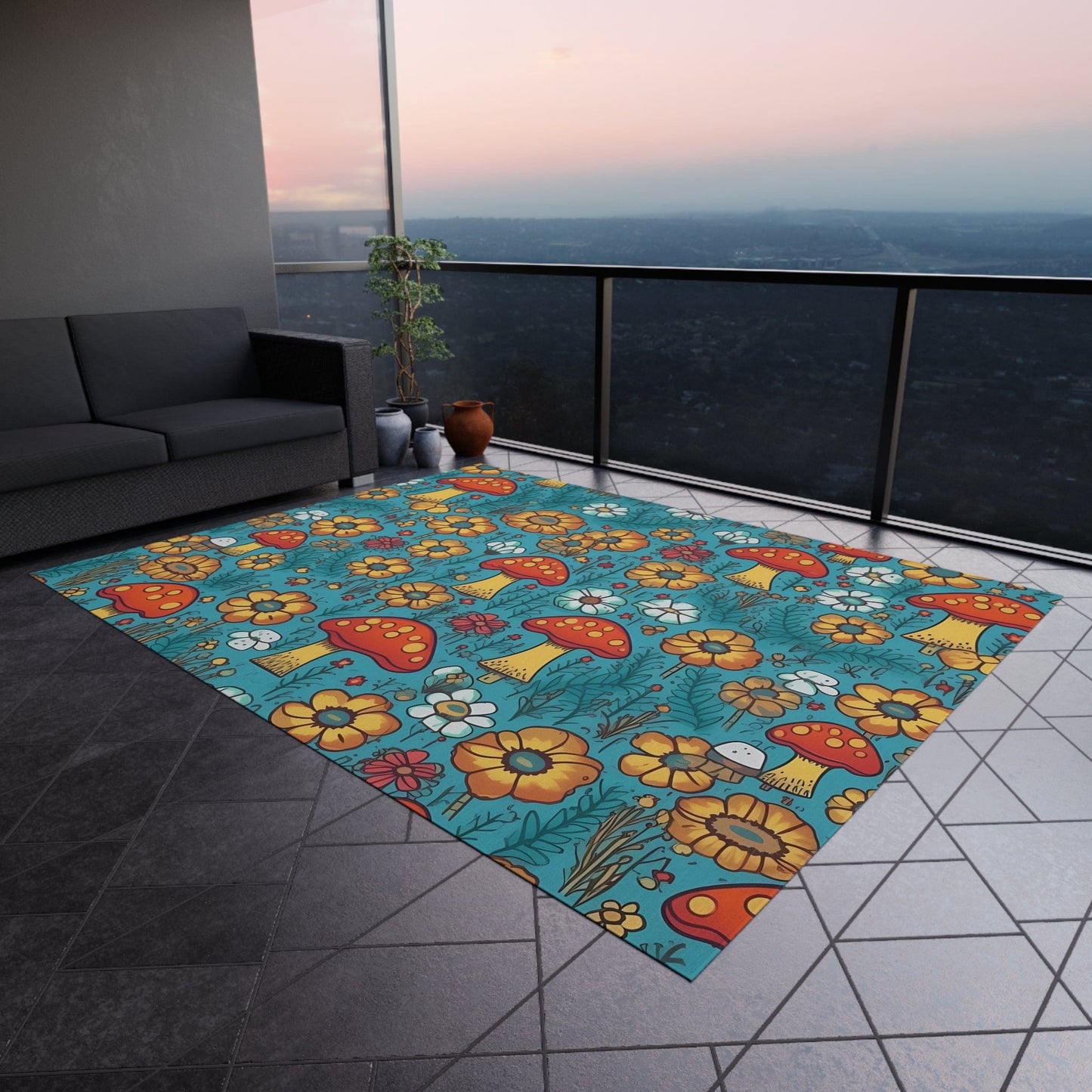 Colorful Mushroom Flower Rug