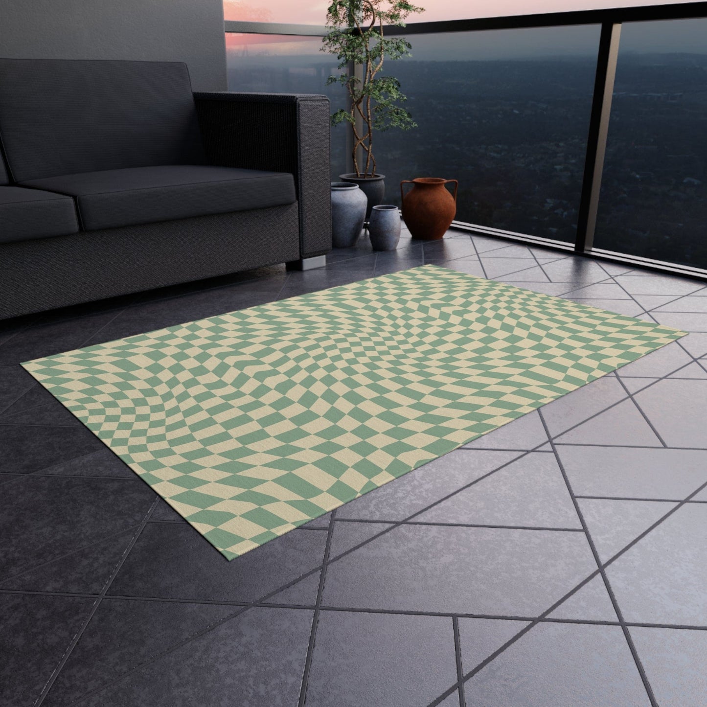 Groovy Teal Green Checkered Rug