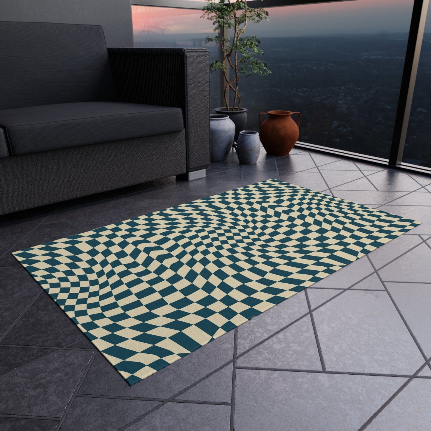 Wavy Blue Checkered Rug