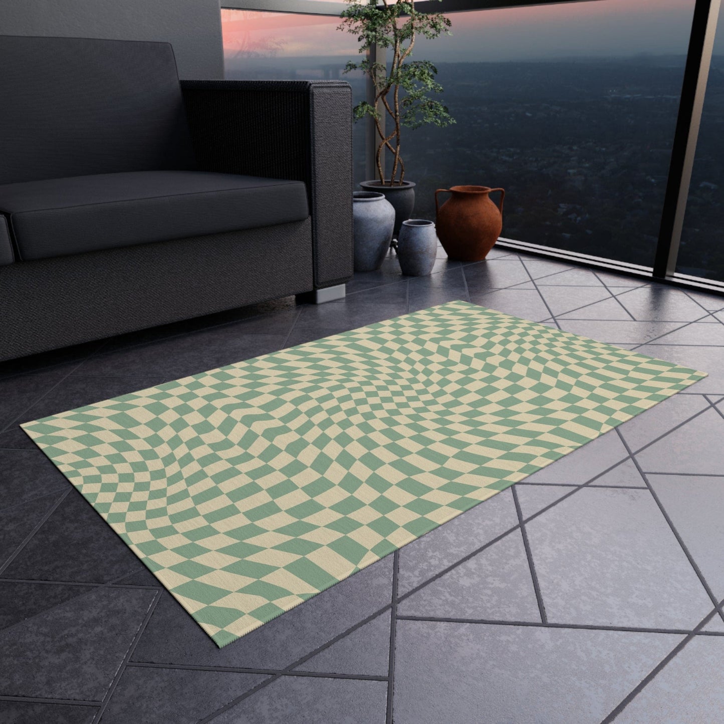 Groovy Teal Green Checkered Rug