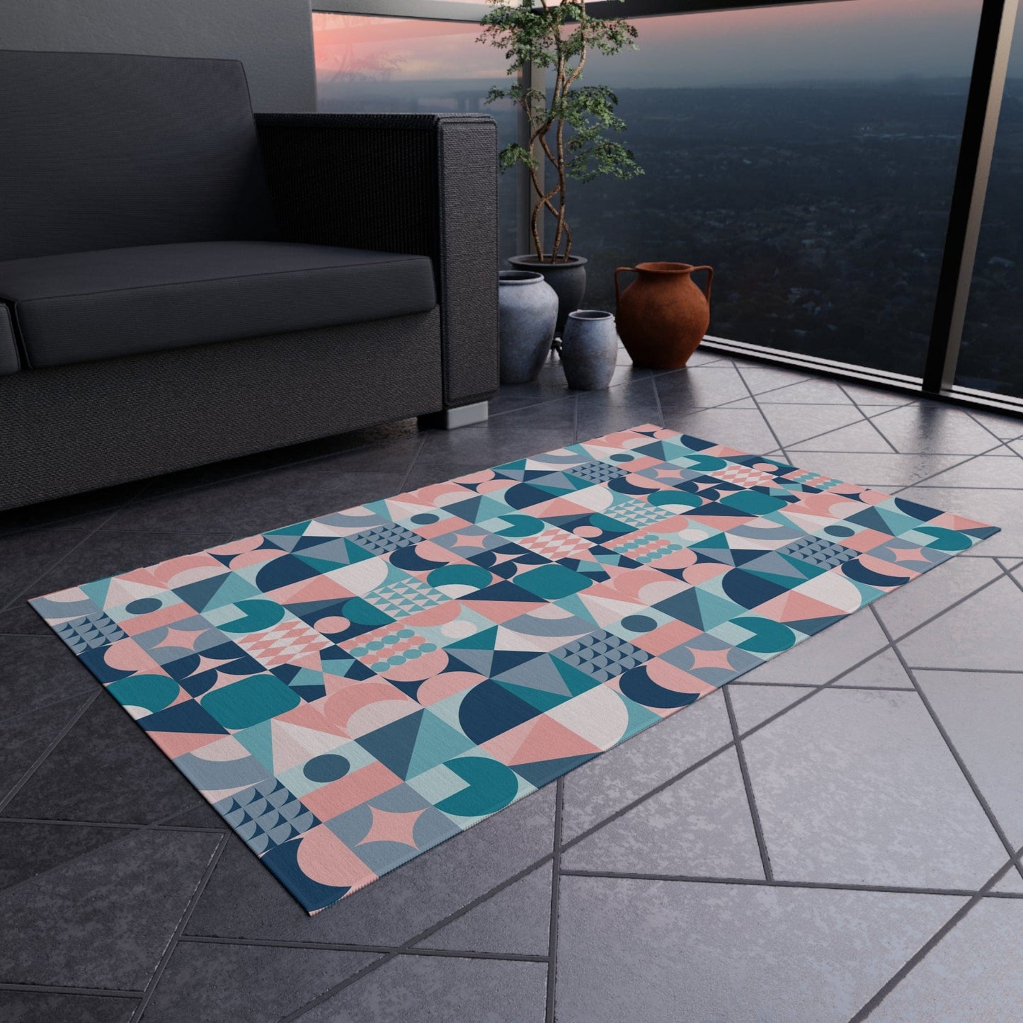 Blue and Pink Geometric Rug