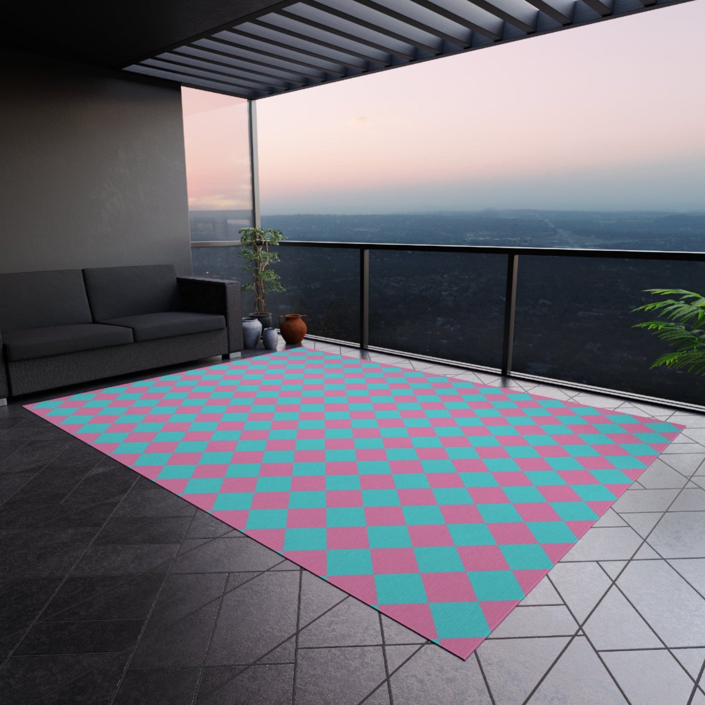 Blue Pink Checkered Rug