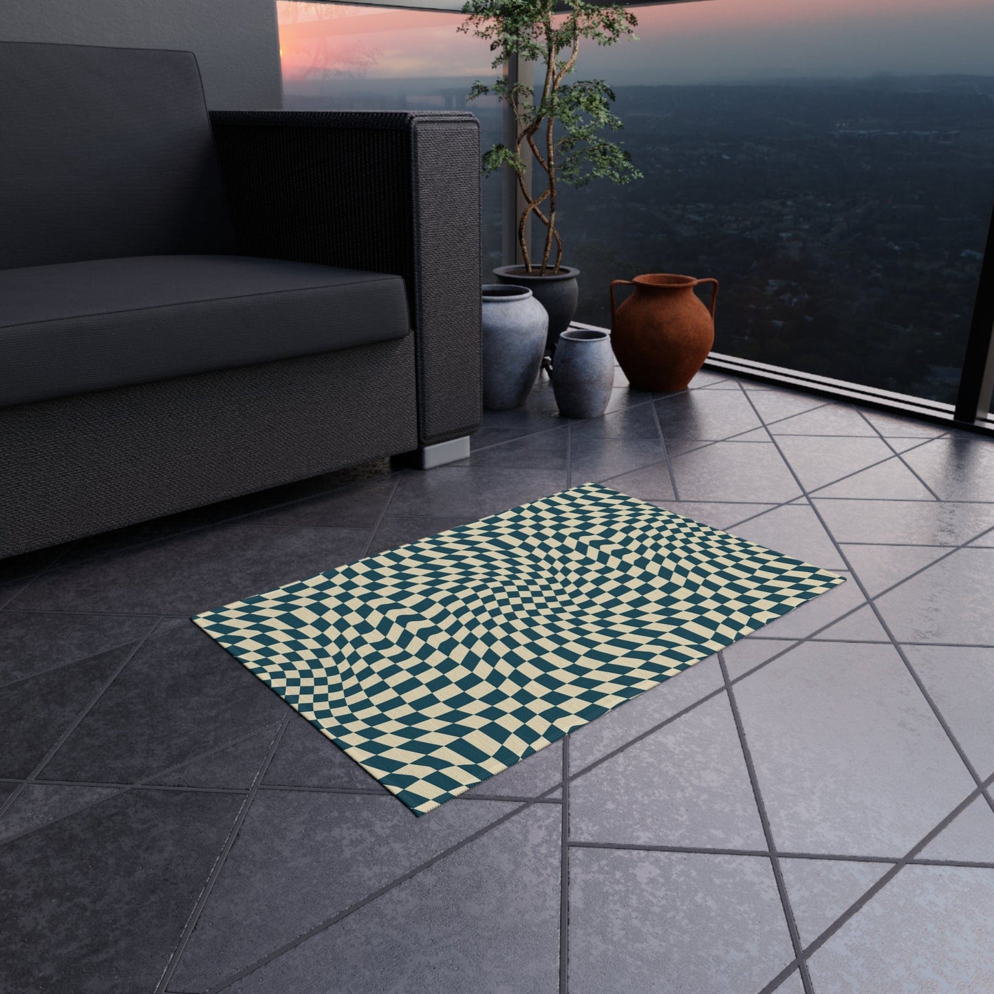 Wavy Blue Checkered Rug