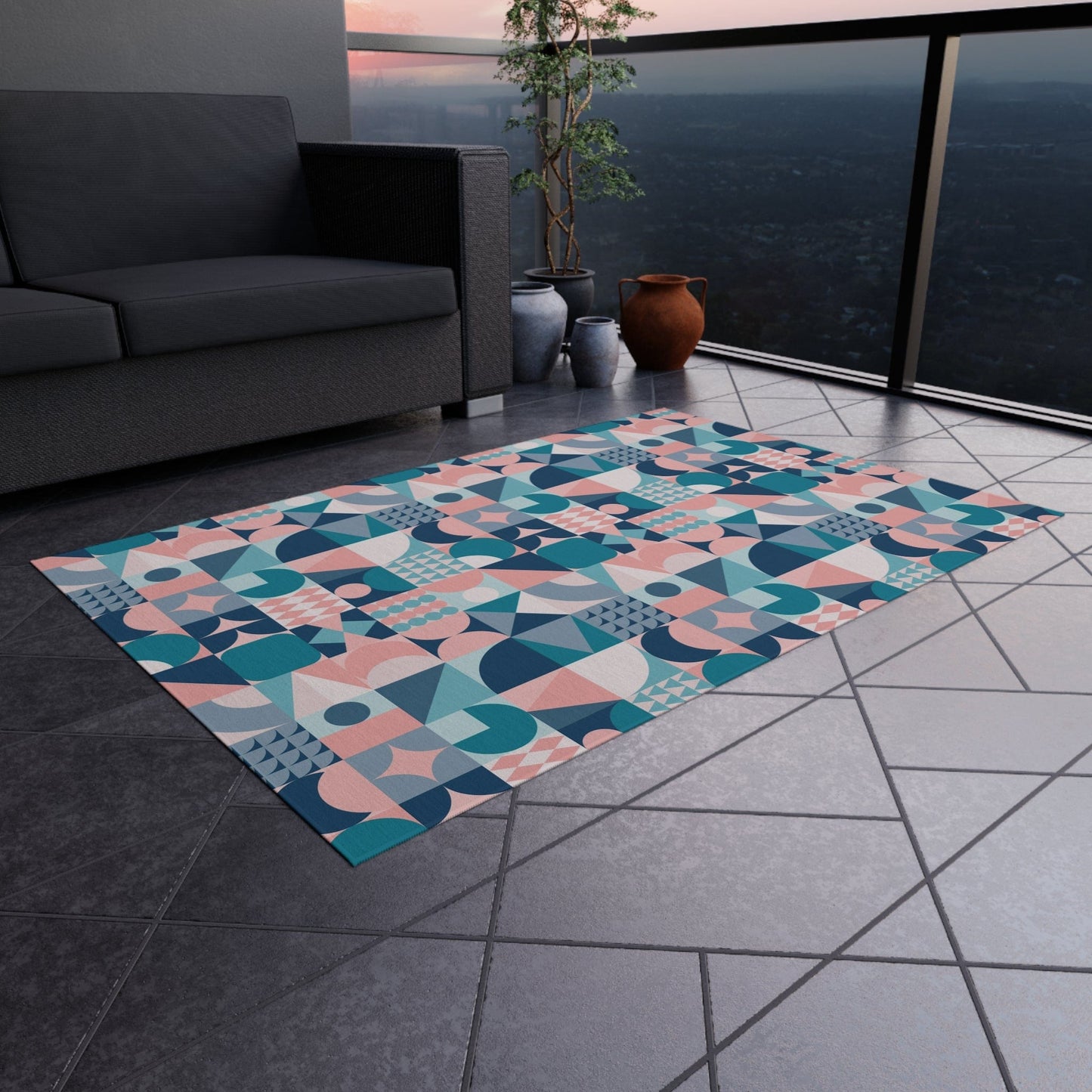 Blue and Pink Geometric Rug