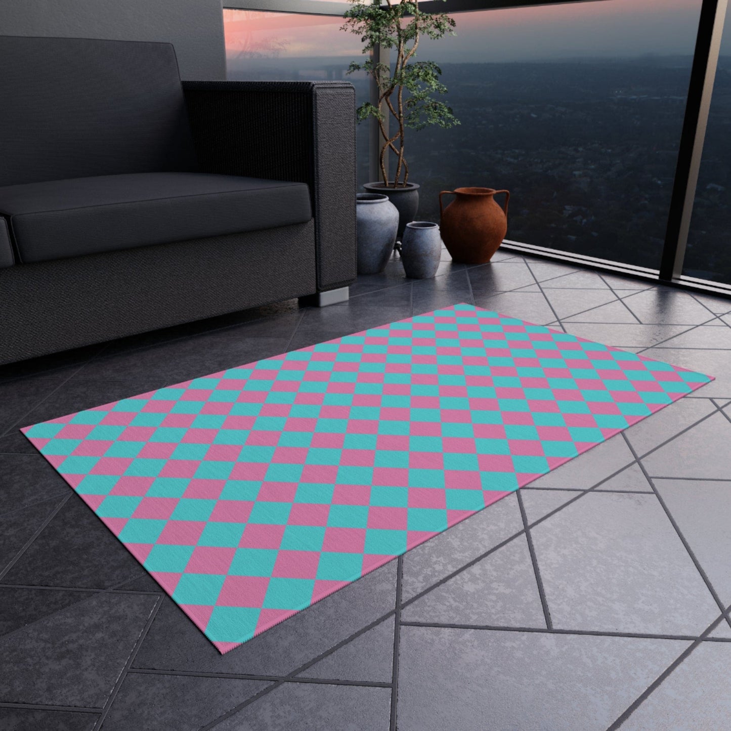 Blue Pink Checkered Rug