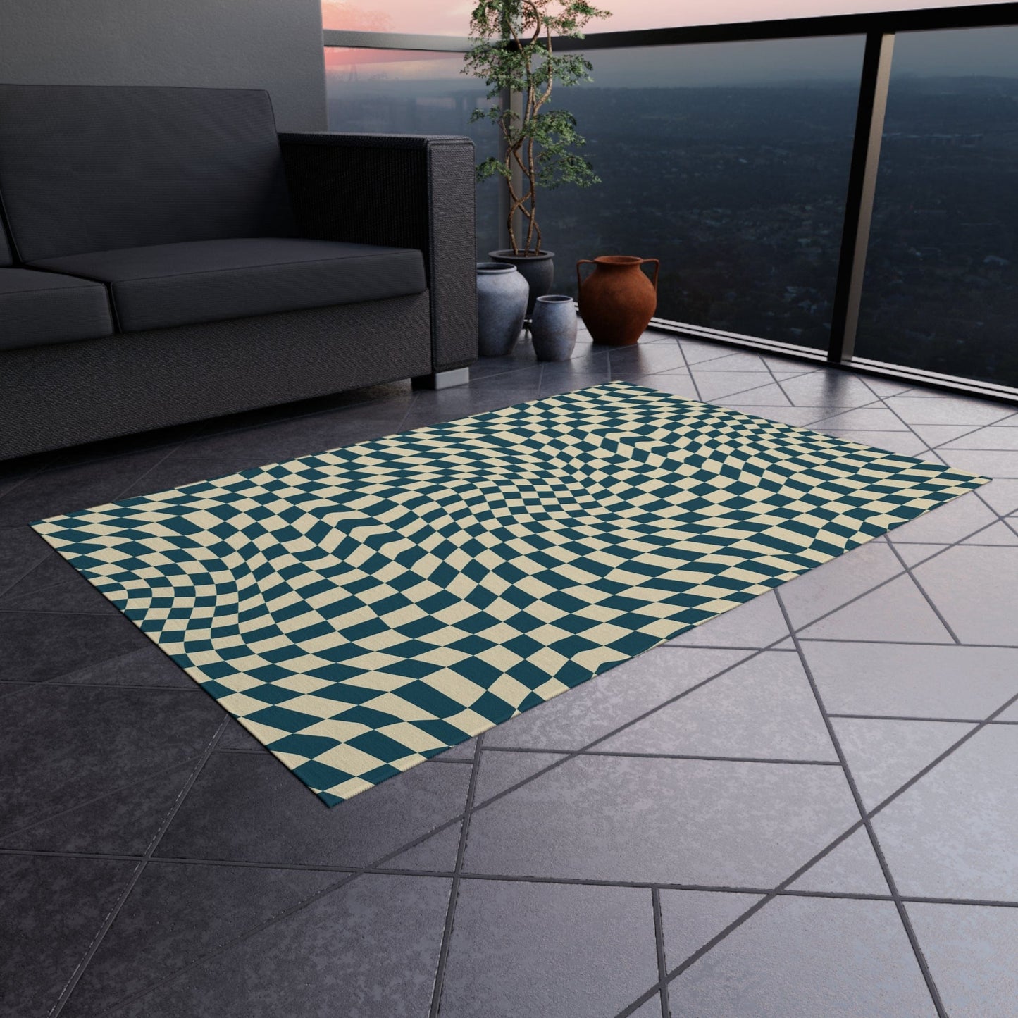 Wavy Blue Checkered Rug