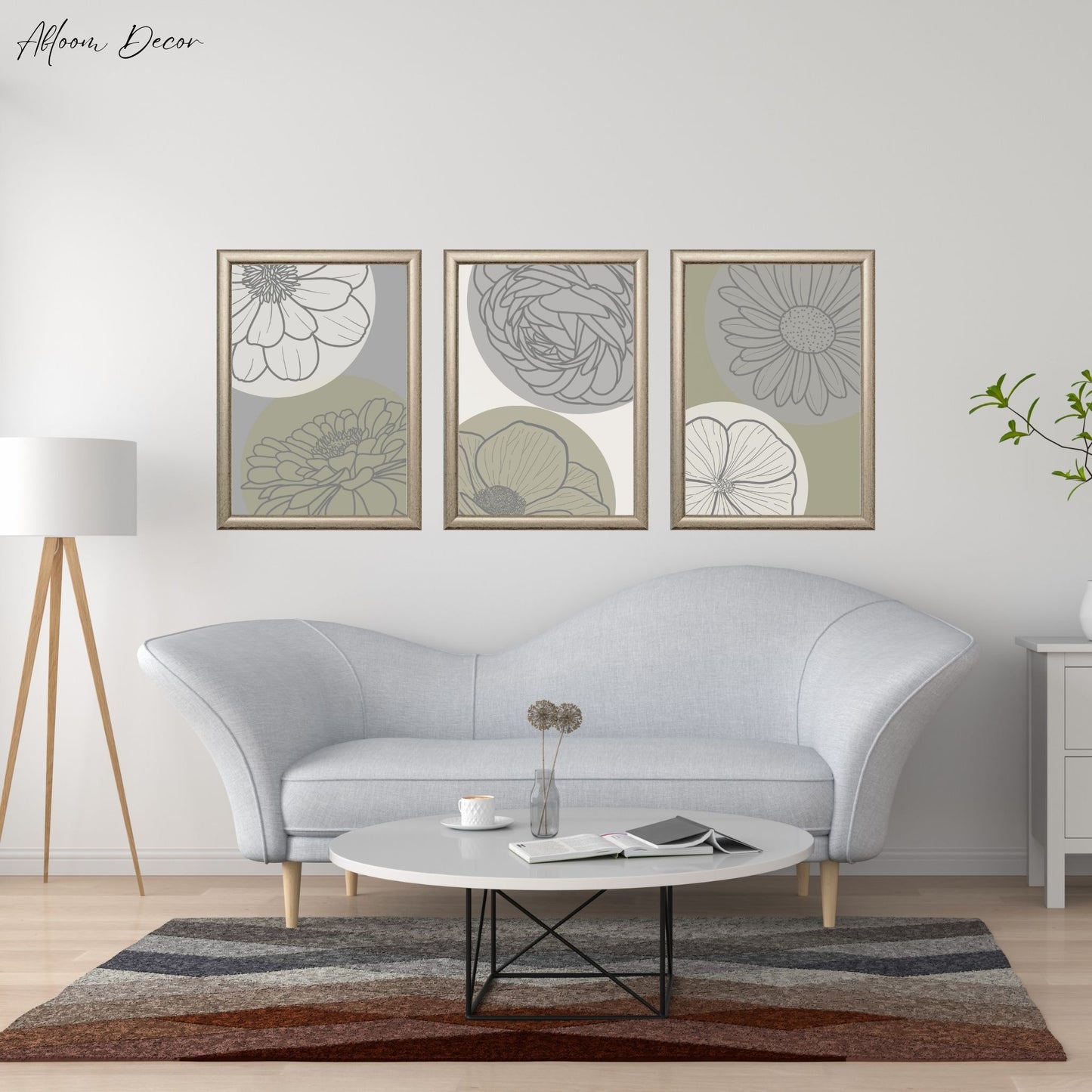 green, grey, and cream colored flower line art prints