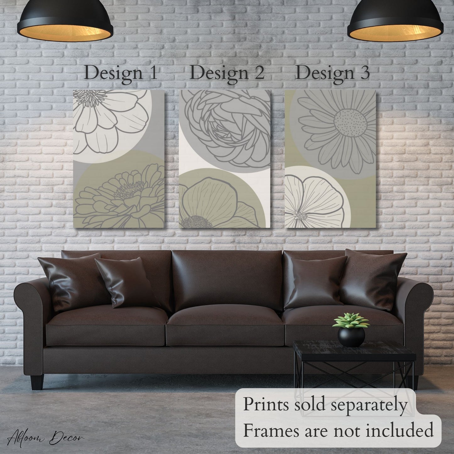 gray, green, and cream flower line art prints with large floral line art designs.