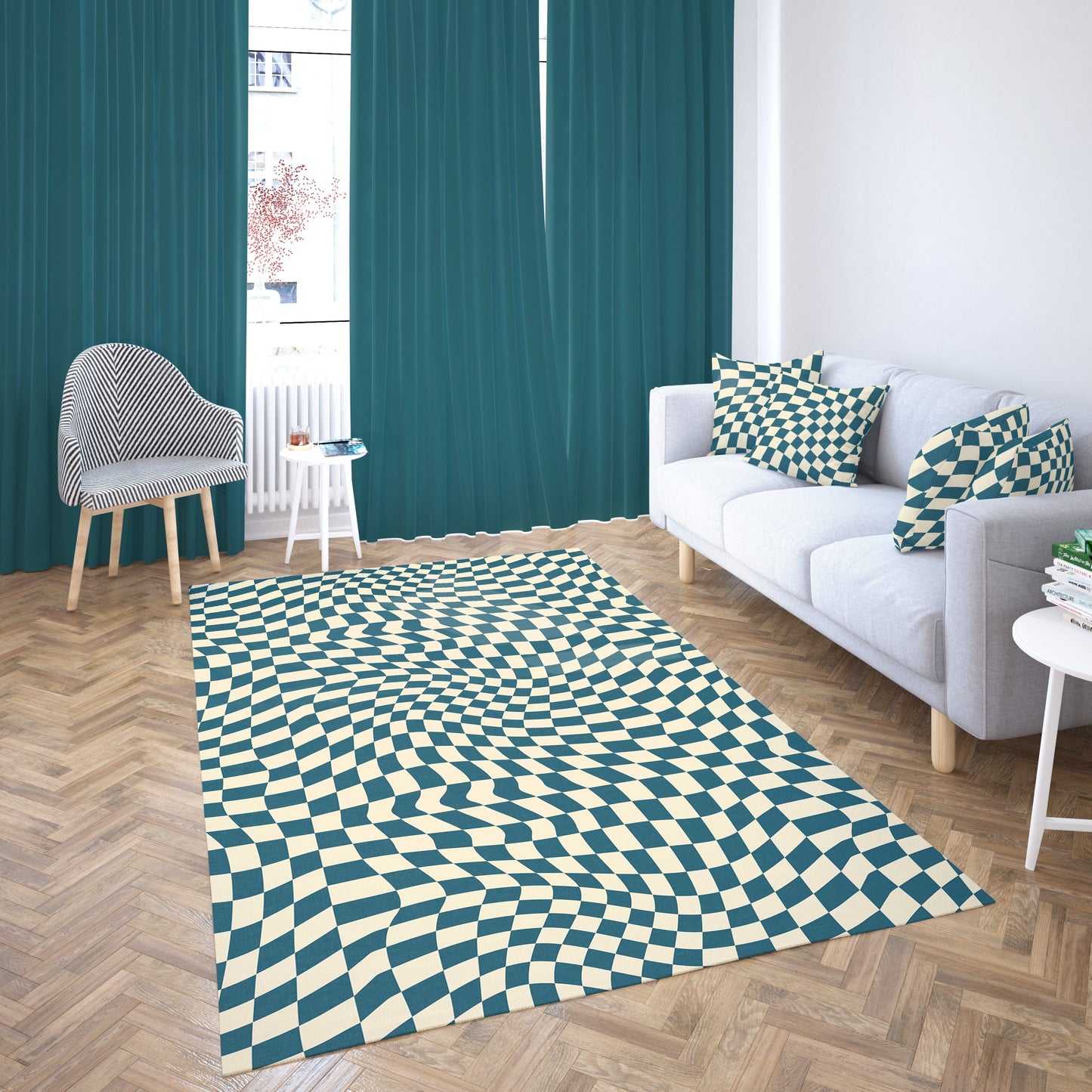 Wavy Blue Checkered Rug